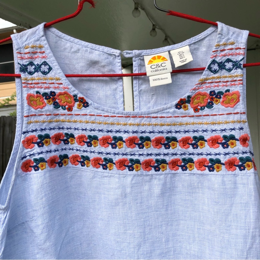 C&C California 100% Linen Embroidered Yoke Sleeveless Shift Dress S